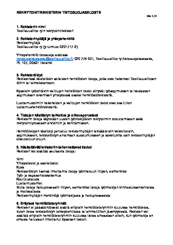 Rekrytointirekisterin tietosuojaseloste